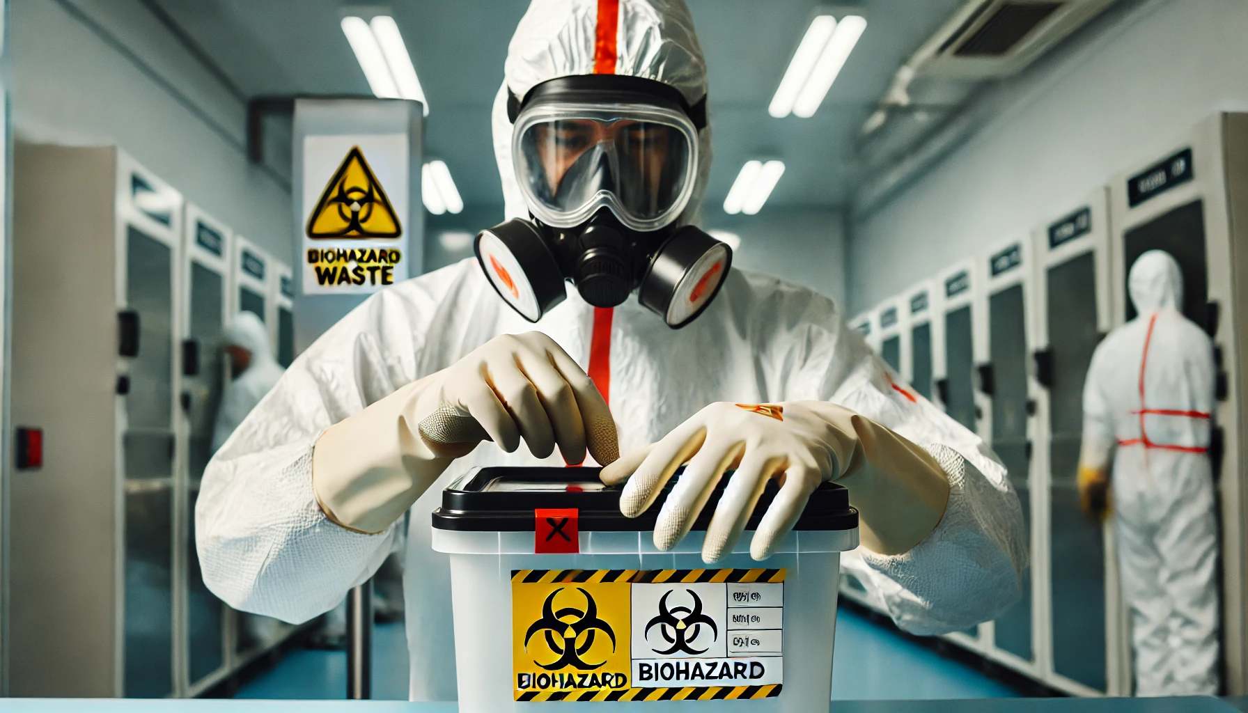 A close-up of a worker in full biohazard protective gear handling hazardous materials in a controlled environment. The worker is wearing a hazmat suit, gloves, and a respirator, carefully sealing biohazardous waste in a marked container. The background features safety signs and a sterile environment, emphasizing caution and safety measures.