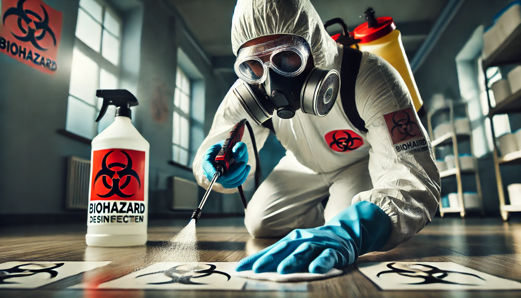 A close-up scene of a worker in full biohazard protective gear, including gloves, face mask, and goggles, carefully disinfecting a contaminated surface with specialized cleaning equipment. The environment is an industrial or medical setting with biohazard warning signs. The worker is spraying a disinfectant solution while ensuring thorough coverage of the affected area. The atmosphere conveys precision, safety, and professionalism. The image is in high resolution and landscape orientation.