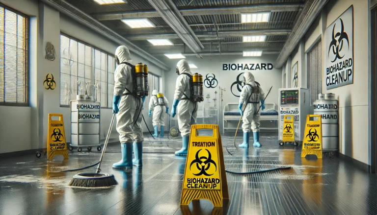 A professional biohazard cleanup team in full protective gear cleaning a contaminated area. The scene includes specialized cleaning equipment, biohazard warning signs, and a sterilized environment. The setting is realistic and professional, emphasizing safety and expertise. The image is well-lit and structured for a featured article banner.