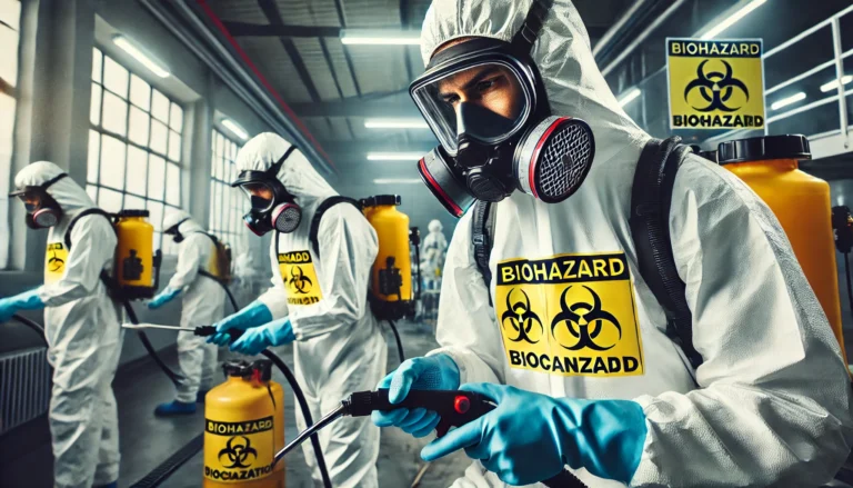 A professional biohazard cleanup team wearing full protective gear, including hazmat suits, gloves, face masks, and goggles, carefully cleaning and disinfecting a contaminated area. The setting is an industrial or medical facility with warning signs indicating biohazard risks. The team uses specialized equipment such as sprayers and decontamination tools. The atmosphere is serious and professional, emphasizing safety and precision. The image is in high resolution and landscape orientation.