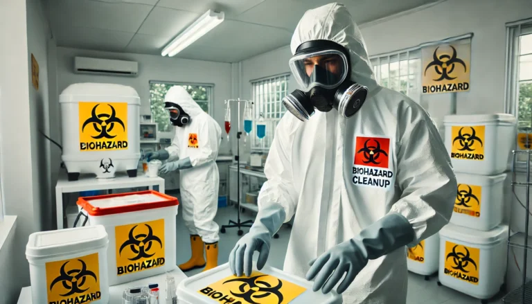 A professional biohazard cleanup team wearing full protective gear, including hazmat suits, gloves, masks, and goggles, working in a contaminated area. The scene is set in a laboratory or industrial setting with biohazard warning signs and sealed containers in the background. The atmosphere is sterile and serious, emphasizing safety and professionalism.