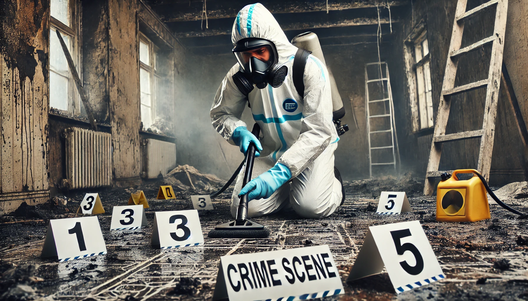 A professional crime scene cleaner in protective gear restoring a fire-damaged crime scene. The room is covered in soot and debris, with forensic evidence marked for investigation. The cleaner uses specialized tools to remove hazardous materials while ensuring evidence is preserved. The atmosphere is serious and methodical, highlighting the importance of professional crime scene cleaning.