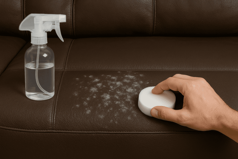 A person using a sponge to remove mold from a dark brown leather sofa. White and greenish mold patches are visible on the seat cushion, with a spray bottle nearby for cleaning. The leather’s texture and the cleaning process are captured in detail.