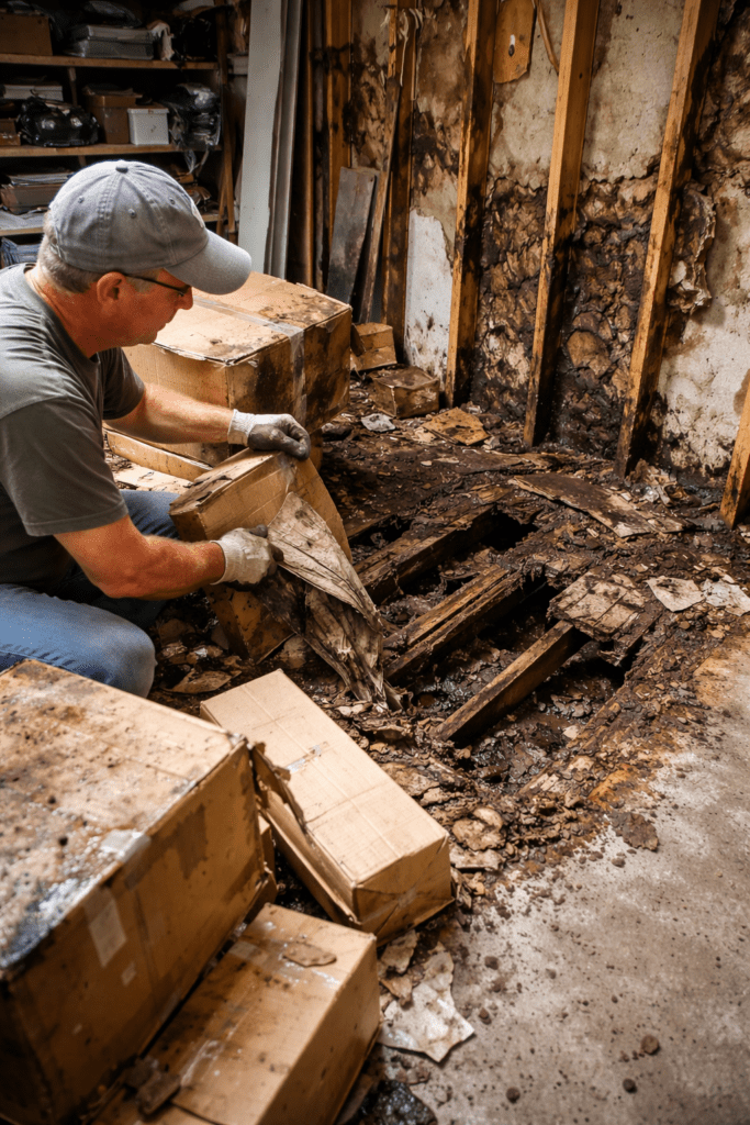 image of a man finding rotten flooring under boxes as the moisture caused structural damage.