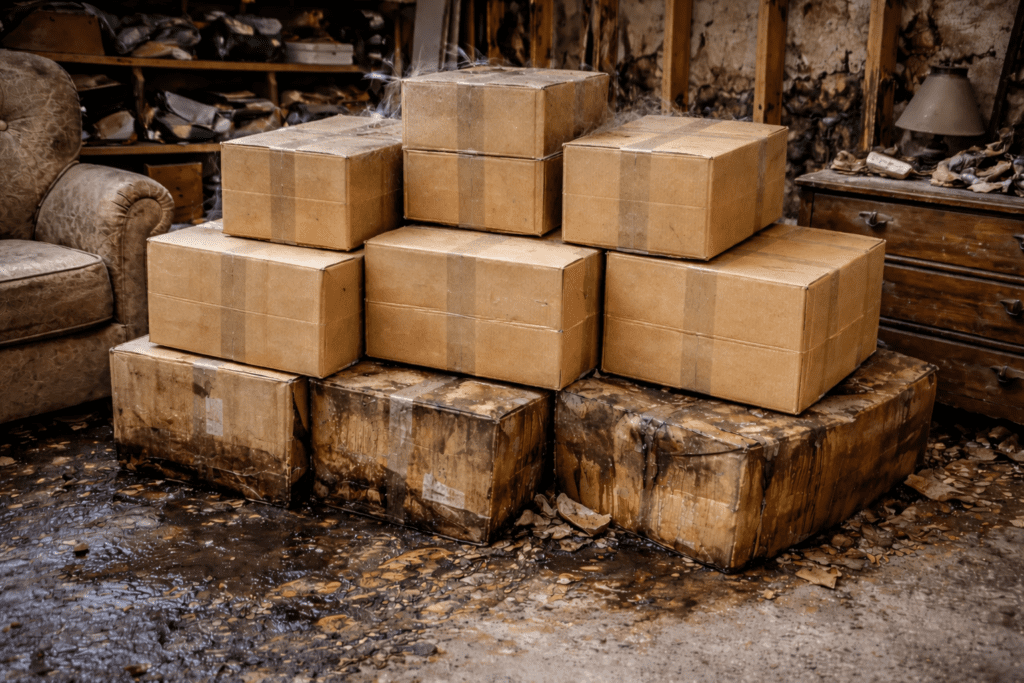 Stack of old, dusty cardboard boxes with water-damaged boxes at the base inside a hoarded garage, illustrating moisture exposure, material deterioration, and structural risk in hoarded properties.