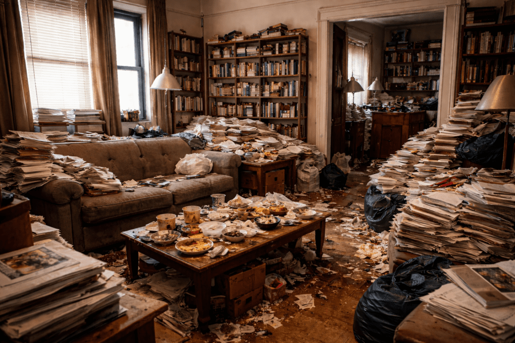 Interior of a cluttered apartment living room with moderate piles of papers, bookshelves, scattered food containers, and visible debris on the floor.