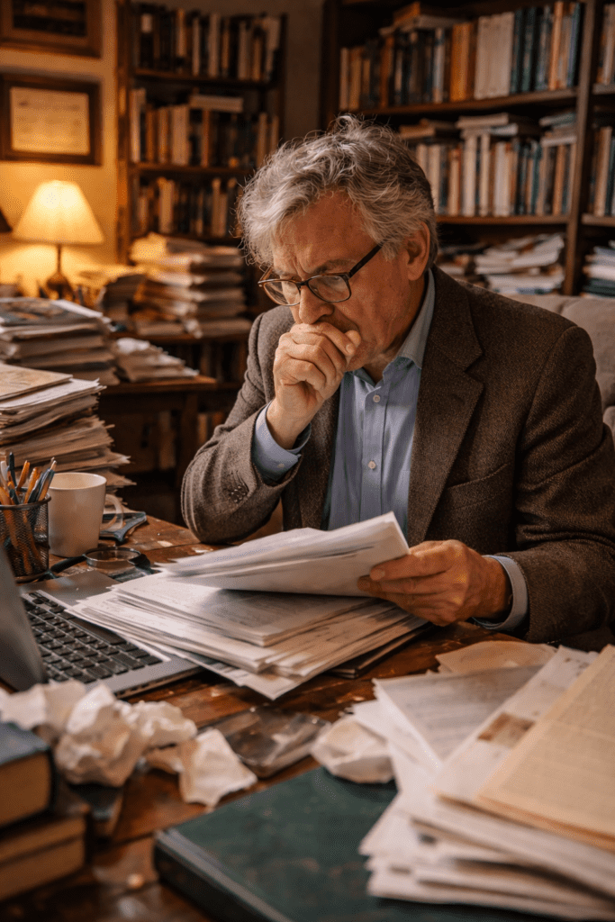 Older professor sitting at a desk covered in papers and books, reviewing documents while coughing in a cluttered home office.