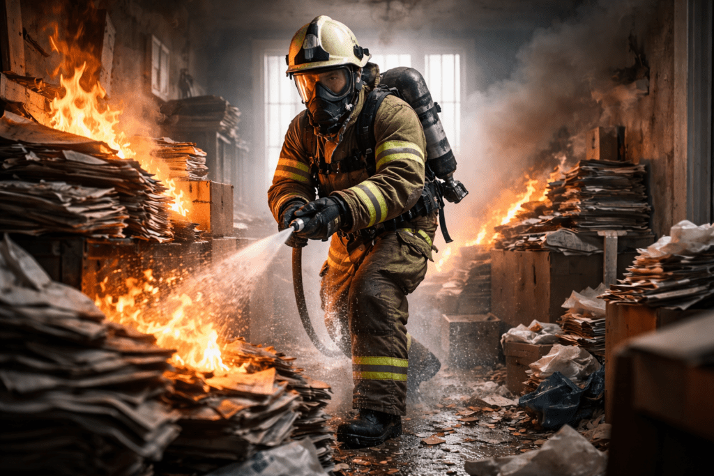 Firefighter suppressing a paper stack fire inside a hoarded apartment, illustrating fire-load risks in multi-unit housing.