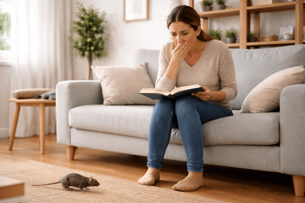 Woman is startled as a rat runs across her apartment floor and she has no idea how it got there.