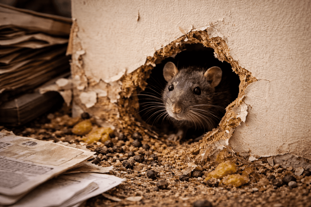 Rat emerging from a chewed hole in a damaged apartment wall, illustrating rodent infestation and structural contamination risks in multi-unit housing.