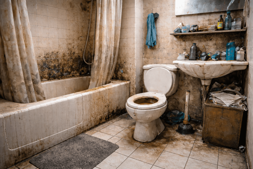 Bathroom with minor moisture damage around the bathtub, toilet, and sink, showing light staining and small areas of mold on tile grout.