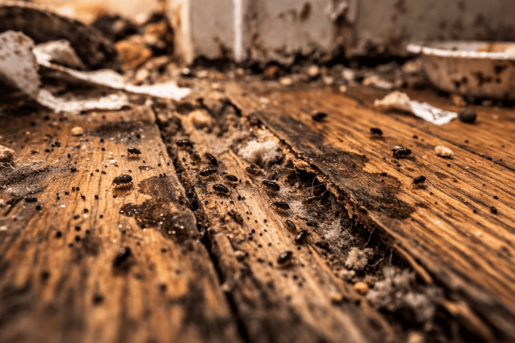 Macro view of flea infestation on worn apartment floorboards, showing debris and contamination risks in multi-unit housing.