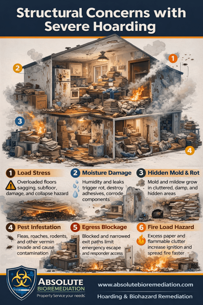 Infographic showing structural risks of severe hoarding, including floor load stress, moisture damage, hidden mold, pest infestation, blocked egress, and fire hazards.