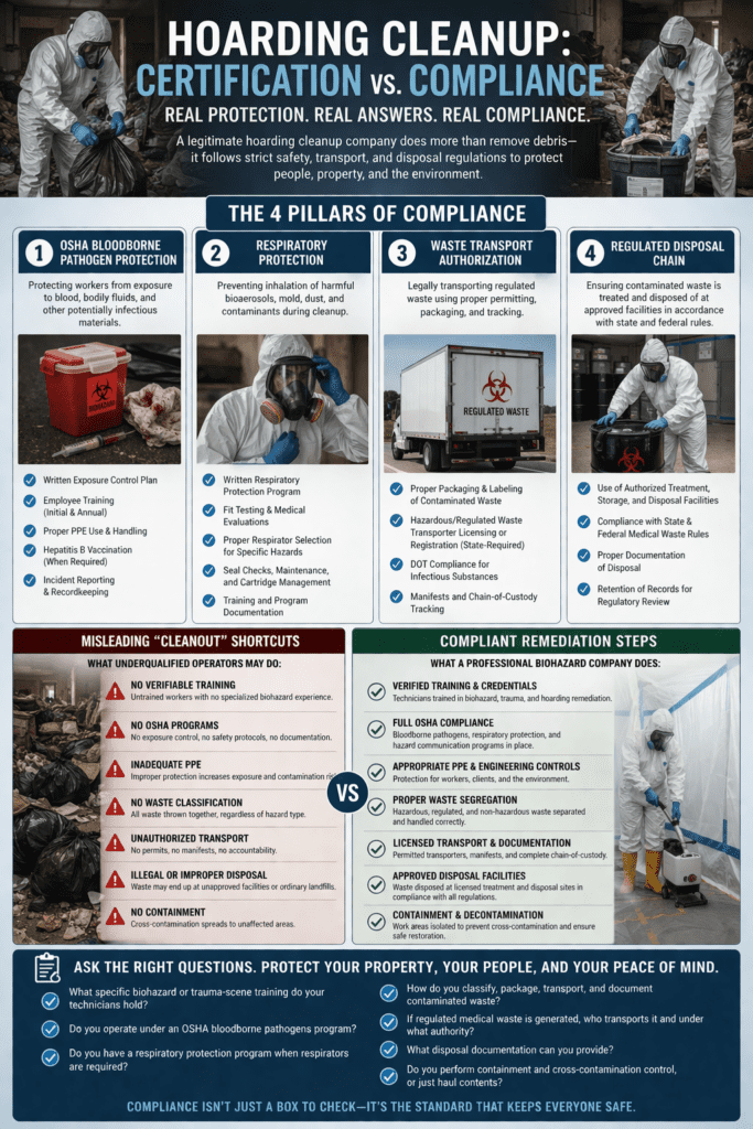 Infographic comparing hoarding cleanup certification versus compliance, showing four key pillars—OSHA bloodborne pathogen protection, respiratory safety, waste transport authorization, and regulated disposal—alongside a side-by-side comparison of non-compliant cleanout shortcuts versus professional remediation practices