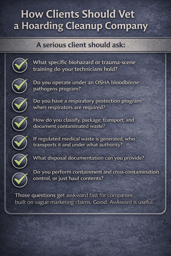 Infographic comparing hoarding cleanup certification versus compliance, showing four key pillars—OSHA bloodborne pathogen protection, respiratory safety, waste transport authorization, and regulated disposal—alongside a side-by-side comparison of non-compliant cleanout shortcuts versus professional remediation practices