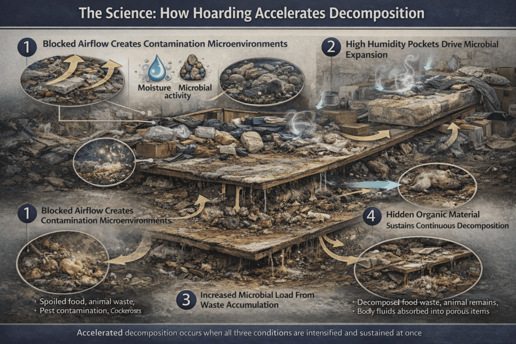 Scientific infographic illustrating how hoarding environments accelerate decomposition through blocked airflow, trapped humidity, increased microbial activity, and hidden organic material beneath layered debris