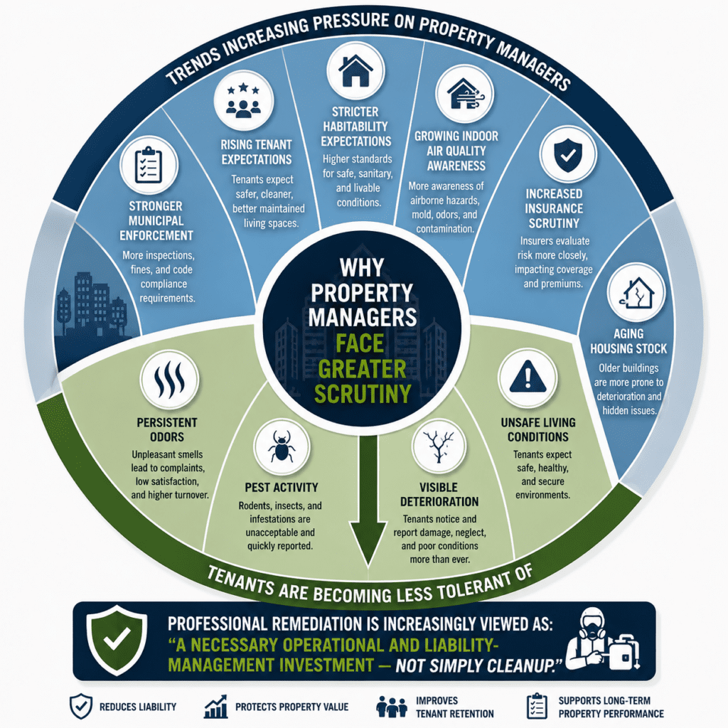 circular infograph showing why property managers face greater scrutiny