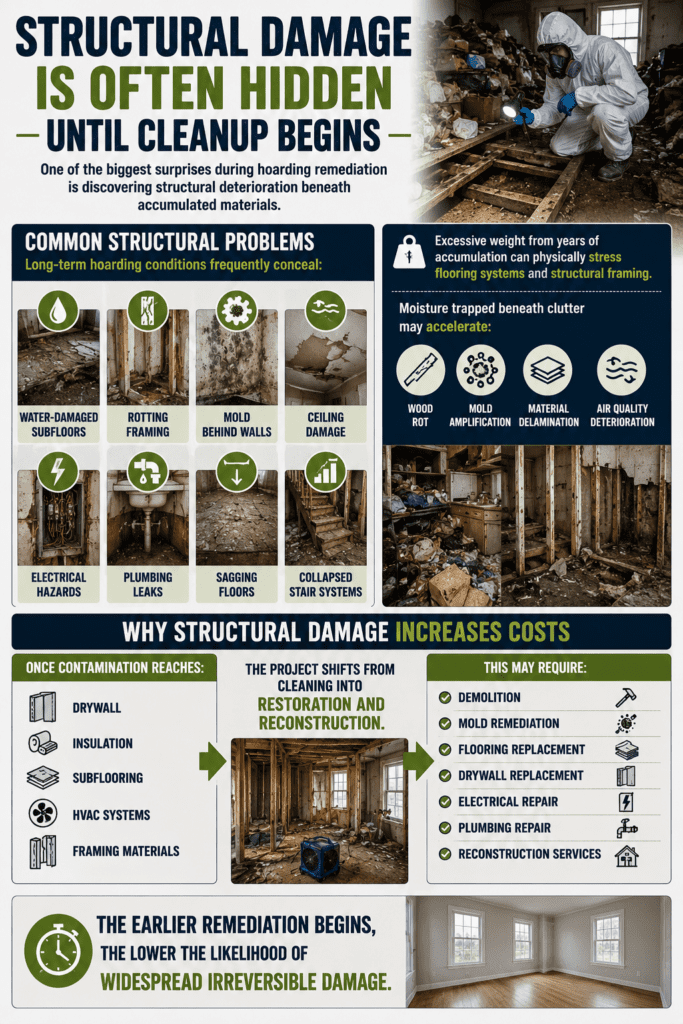 Professional infographic explaining hidden structural damage commonly discovered during hoarding remediation.