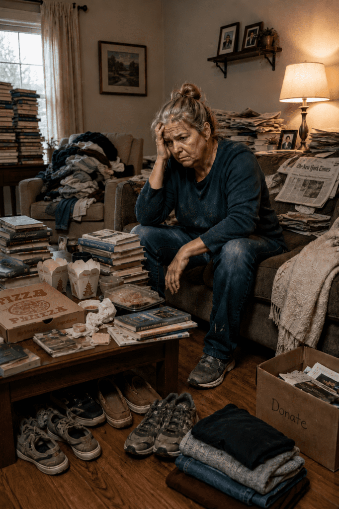 Tired woman sitting in a cluttered living room surrounded by books, laundry, newspapers, and household items, looking overwhelmed by the mess.