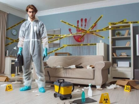 A biohazard cleaning expert in a room where the furnishings have been tossed about and traces of cri Crime scene header