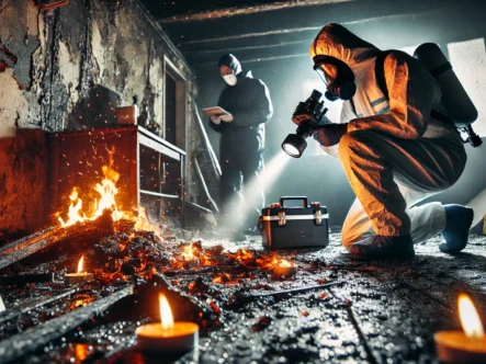 A forensic investigator examines a fire-damaged crime scene with specialized equipment. A forensic investigator examines a fire-damaged crime scene with specialized equipment. The scene shows a partially burned room with glowing embers and charred evidence. The investigator, wearing protective gear, carefully analyzes the burn patterns and collects samples for forensic analysis. The atmosphere is dark and intense, highlighting the importance of fire-related crime scene investigations.