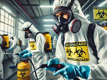 A professional biohazard cleanup team wearing full protective gear, including hazmat suits, gloves, face masks, and goggles, carefully cleaning A professional biohazard cleanup team wearing full protective gear, including hazmat suits, gloves, face masks, and goggles, carefully cleaning and disinfecting a contaminated area. The setting is an industrial or medical facility with warning signs indicating biohazard risks. The team uses specialized equipment such as sprayers and decontamination tools. The atmosphere is serious and professional, emphasizing safety and precision. The image is in high resolution and landscape orientation.