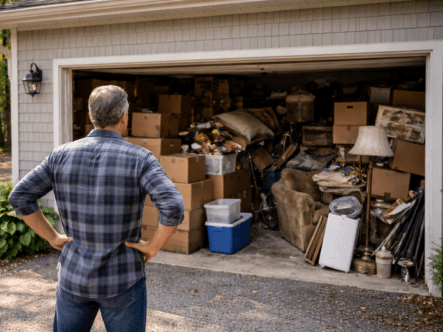 Homeowner assessing a severely cluttered garage before attempting hoarding cleanup in Ulster County, New York. {{brizy_dc_image_alt entityId=