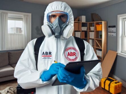 An image showing a certified mold technician dressed in full protective gear with an ABR logo on the Mold Inspection Specialist