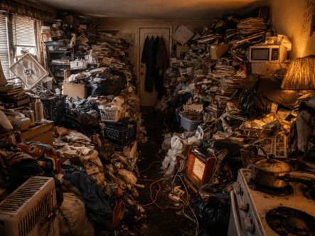 Severely hoarded home interior showing high fuel load and fire hazard conditions with blocked pathways