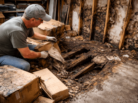 Homeowner uncovering rotted floorboards and deteriorated wall framing after removing wet boxes and debris from a hoarded garage, illustrating structural damage caused by prolonged moisture and contamination. {{brizy_dc_image_alt entityId=