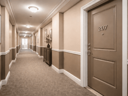Modern apartment hallway with exit door A hallway of a modern apartment building.