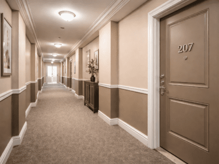 A hallway of a modern apartment building.