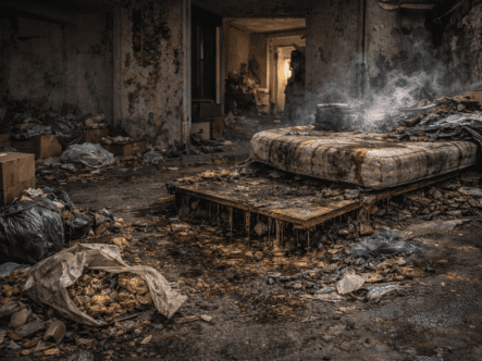 Severely hoarded interior showing environmental conditions that accelerate decomposition and microbial contamination