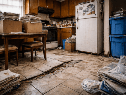 Overloaded apartment kitchen with visible floor deflection and cracked tiles, table stacked with paper boxes, and refrigerator with magnets, illustrating structural load concerns in multi-unit housing.