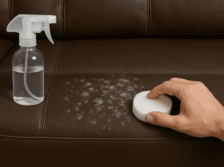cleaning-leather-sofa A person using a sponge to remove mold from a dark brown leather sofa. White and greenish mold patches are visible on the seat cushion, with a spray bottle nearby for cleaning. The leather’s texture and the cleaning process are captured in detail.
