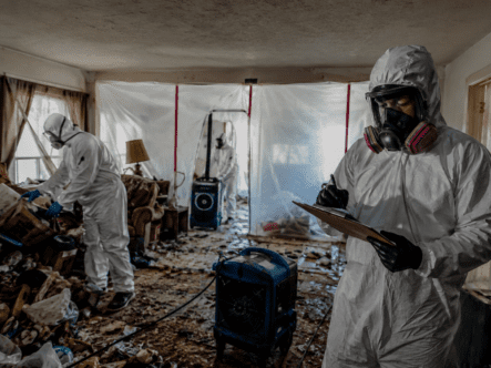 image of professionals cleaning and evaluating a hoarding site