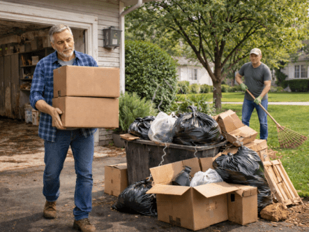 Homeowner carrying cardboard boxes out of a dirty, mold-damaged garage with rotting floors, stacking them beside an overflowing trash bin piled with garbage bags and debris, while a neighbor rakes their lawn nearby and looks over at the smelly mess.